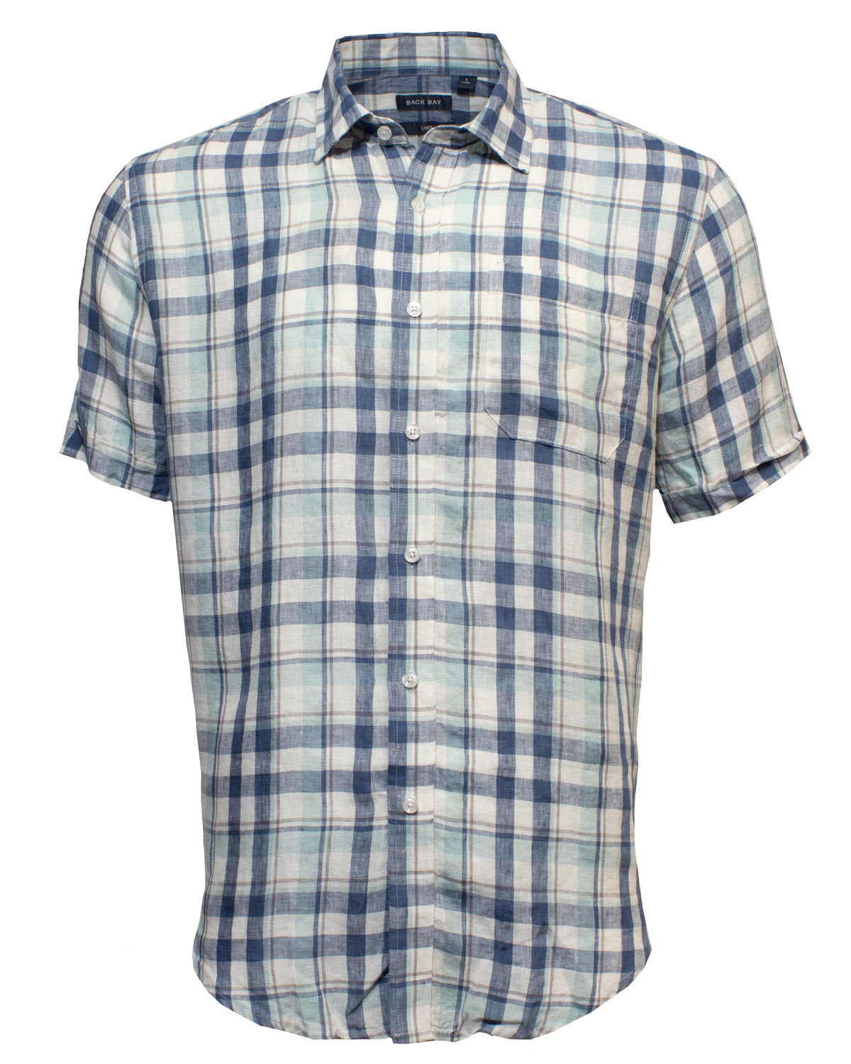 The Back Bay Linen Check Shirt is a stylish short-sleeved button-up with a blue and white plaid pattern. It features a classic collar and a left chest pocket, perfect for any occasion.