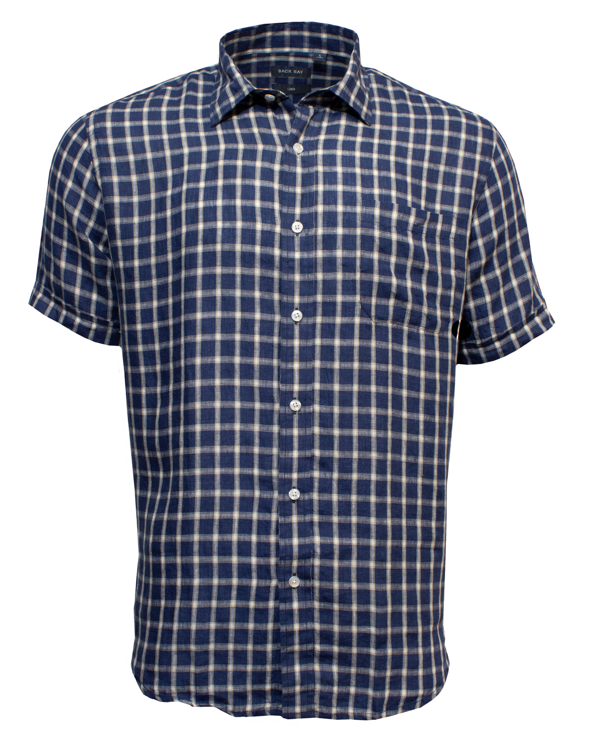 The Back Bay Linen Check Shirt is a short-sleeved, button-up shirt with a blue and white checkered pattern. This stylish shirt features a small front pocket on the left side and a collar, providing both comfort and flair.