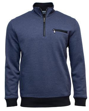 The Back Bay Plain Half Zip Sweat in denim features long sleeves, a black collar, zippered chest pocket, and contrasting black cuffs and hem. Casually styled, it's shown on a white background.