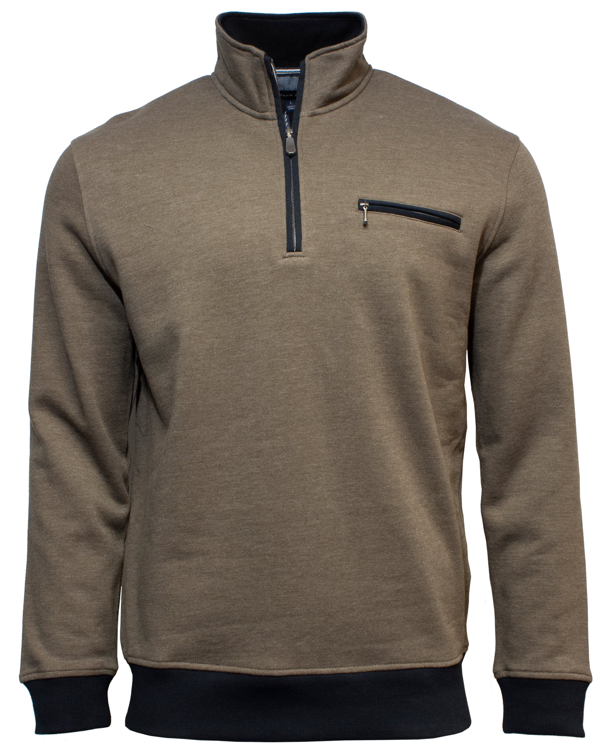 The Back Bay Plain Half Zip Sweat in walnut features a black zipper on the chest pocket, black trim on the cuffs and hem, and a stand-up collar. This casual jumper is shown against a plain white background.