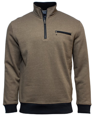The Back Bay Plain Half Zip Sweat in walnut features a black zipper on the chest pocket, black trim on the cuffs and hem, and a stand-up collar. This casual jumper is shown against a plain white background.