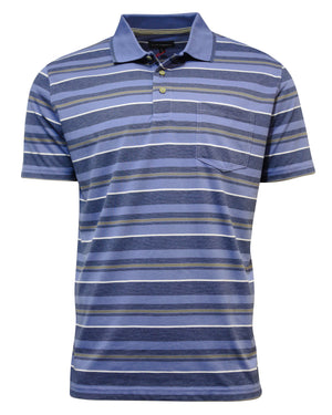 The Blue Horizon Jersey Stripe Polo is a regular fit, short-sleeve shirt with horizontal stripes in blue, white, and gray. It has a collar, buttoned placket, and chest pocket for a classic look.