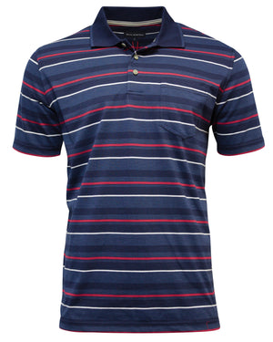 The Blue Horizon Jersey Stripe Polo is a regular fit shirt with short sleeves, a classic collar, and horizontal stripes in blue, pink, and white. It features a single chest pocket on the left and neckline buttons for a timeless look.