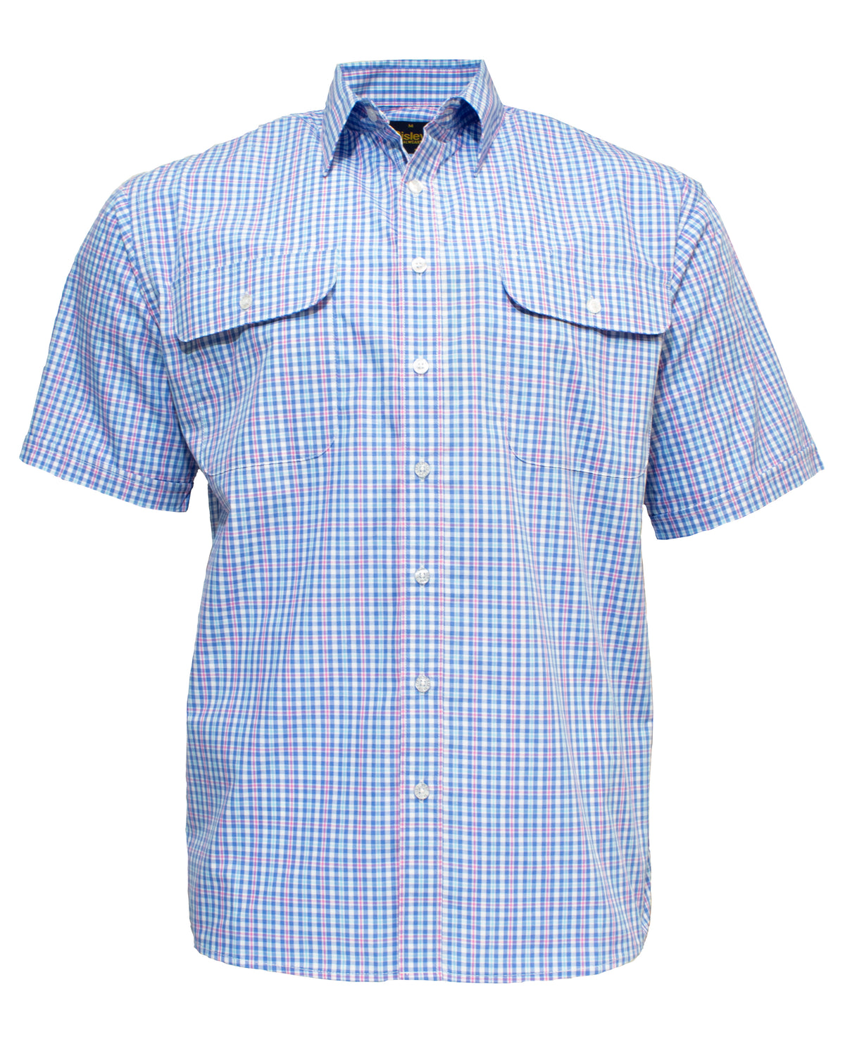 The Bisley Countryman Short Sleeve Shirt is a button-up made from a sturdy polyester/cotton blend, featuring a blue, pink, and white checkered design. It includes two large chest pockets with button flaps, a standard collar, and offers a relaxed fit.