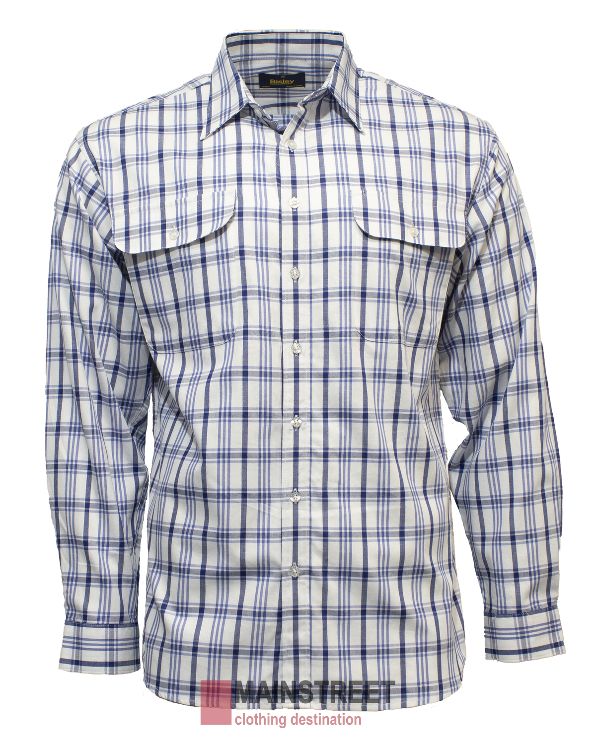 The Bisley Countryman Cotton Shirt is a long-sleeve button-up in blue and white plaid with two large front yokes, shown on a white background with the "MANSTREET clothing destination" logo below.