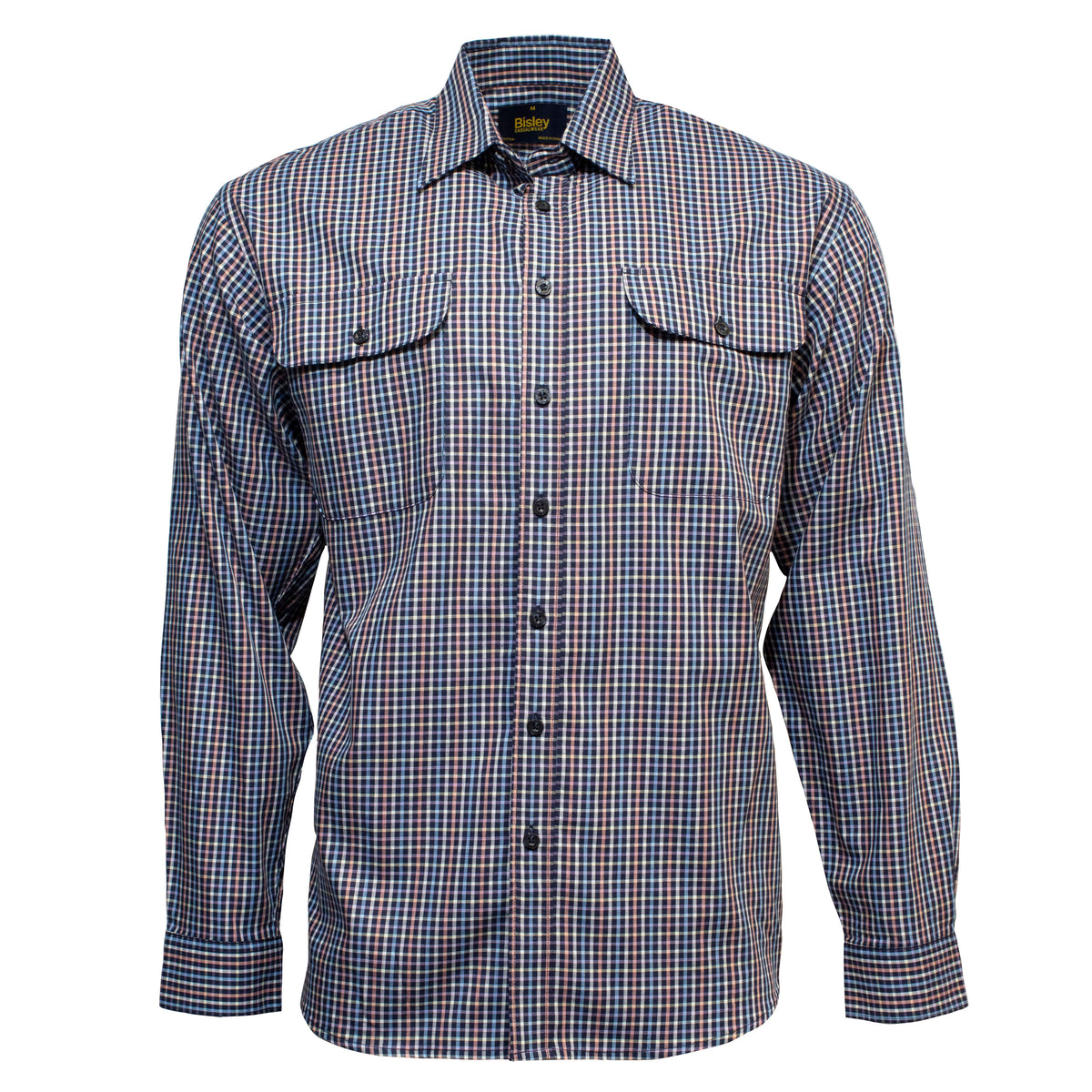 The Bisley Countryman Cotton Shirt is a long-sleeved, button-up with a classic blue, red, and white check pattern. Made from 100% cotton, it includes two buttoned chest pockets and a pointed collar for timeless style.