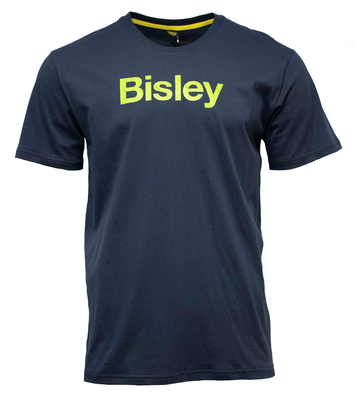 The Bisley Cotton Logo T-Shirt is a navy blue, 100% cotton jersey short-sleeve shirt with “Bisley” in large yellow letters across the chest, shown on a white background.