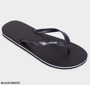 A single Billabong Lowdown Splice Thong flip-flop in black is displayed against a white background. It features a textured footbed and molded upper straps, with the Billabong brand name written in white on the right strap near the base. The image includes the text "BLACK/WHITE" in the bottom left corner.