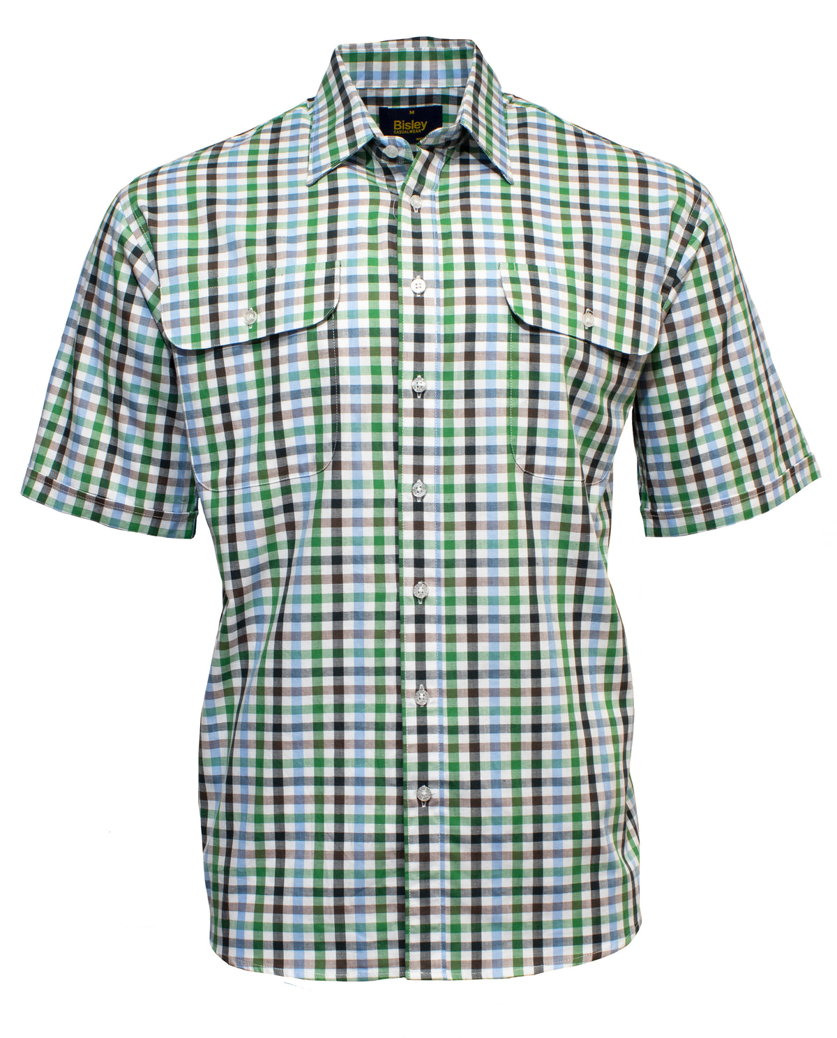The Bisley Countryman Cotton Short Sleeve Shirt is a green, blue, and white checkered button-up made from soft cotton, featuring two flap chest pockets for added style and functionality.