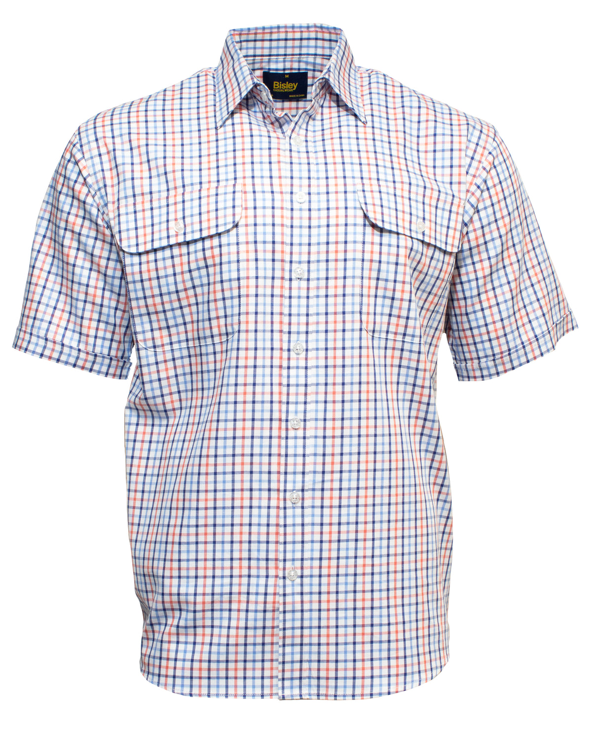 The Bisley Countryman Cotton Short Sleeve Shirt is a button-up made from soft cotton, featuring a white, blue, and red checkered pattern. It includes a collar and two flap chest pockets for style and functionality.