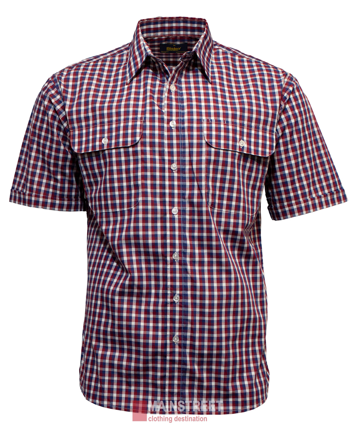 The Bisley Countryman Short Sleeve Shirt is a red, blue, and white checkered button-up made from a durable Polyester/Cotton blend. It features two chest pockets with button flaps for added style and functionality.