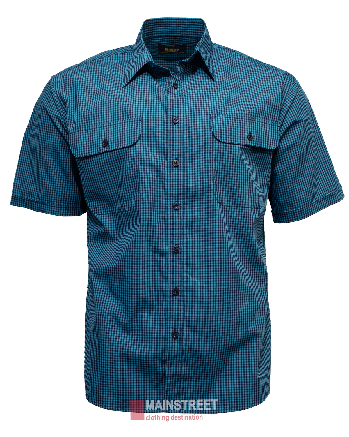 The Bisley Countryman Short Sleeve Shirt has a blue and black checkered pattern, short sleeves, button-up front, and two chest pockets. Made from durable polyester/cotton blend, it's ideal for casual or work settings. Displayed on a plain background.