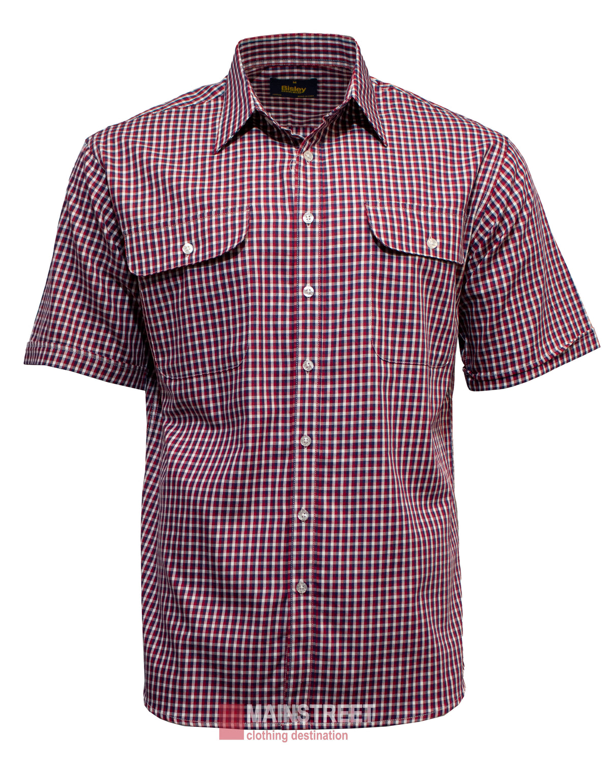 The Bisley Countryman Cotton Short Sleeve Shirt features a red and blue checkered pattern, short sleeves, two chest pockets with buttoned flaps, crafted from high-quality cotton, displayed on a plain white background.