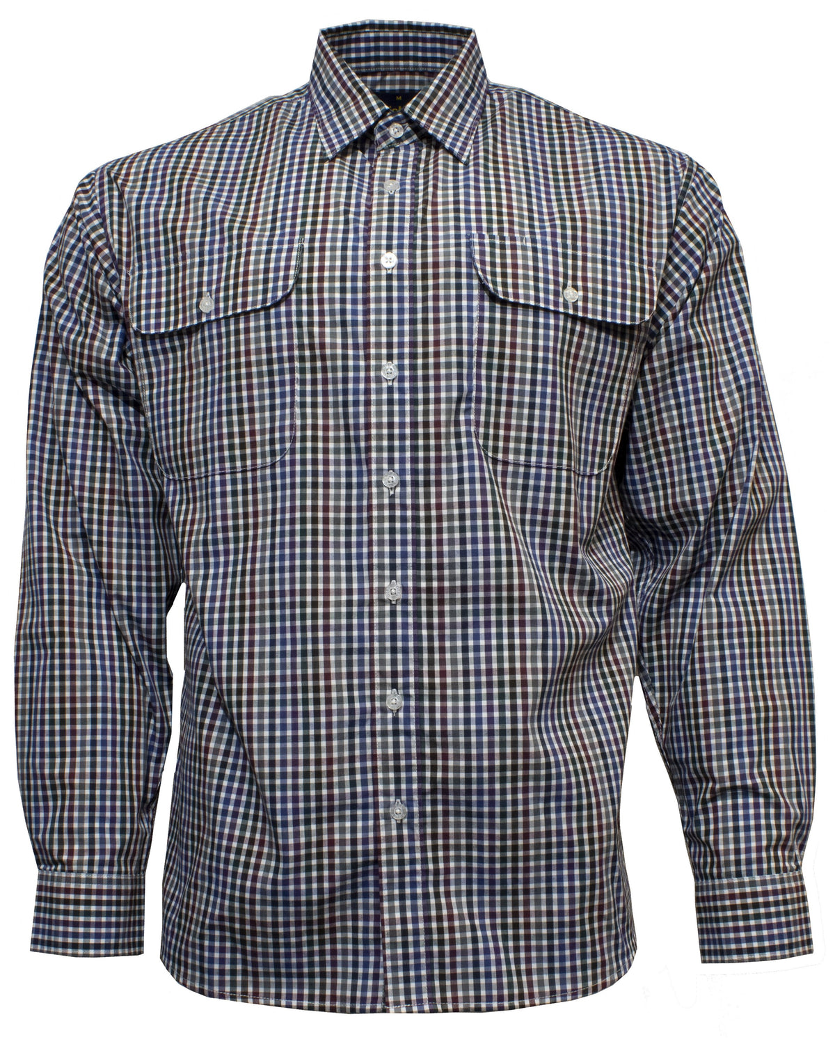 The Bisley Countryman Shirt is a long-sleeve, button-down plaid crafted from a robust Polyester/Cotton blend in a striking dark blue, white, and red checks pattern. It features two chest pockets with buttoned flaps and a traditional folded collar, making it ideal for any rugged adventure.