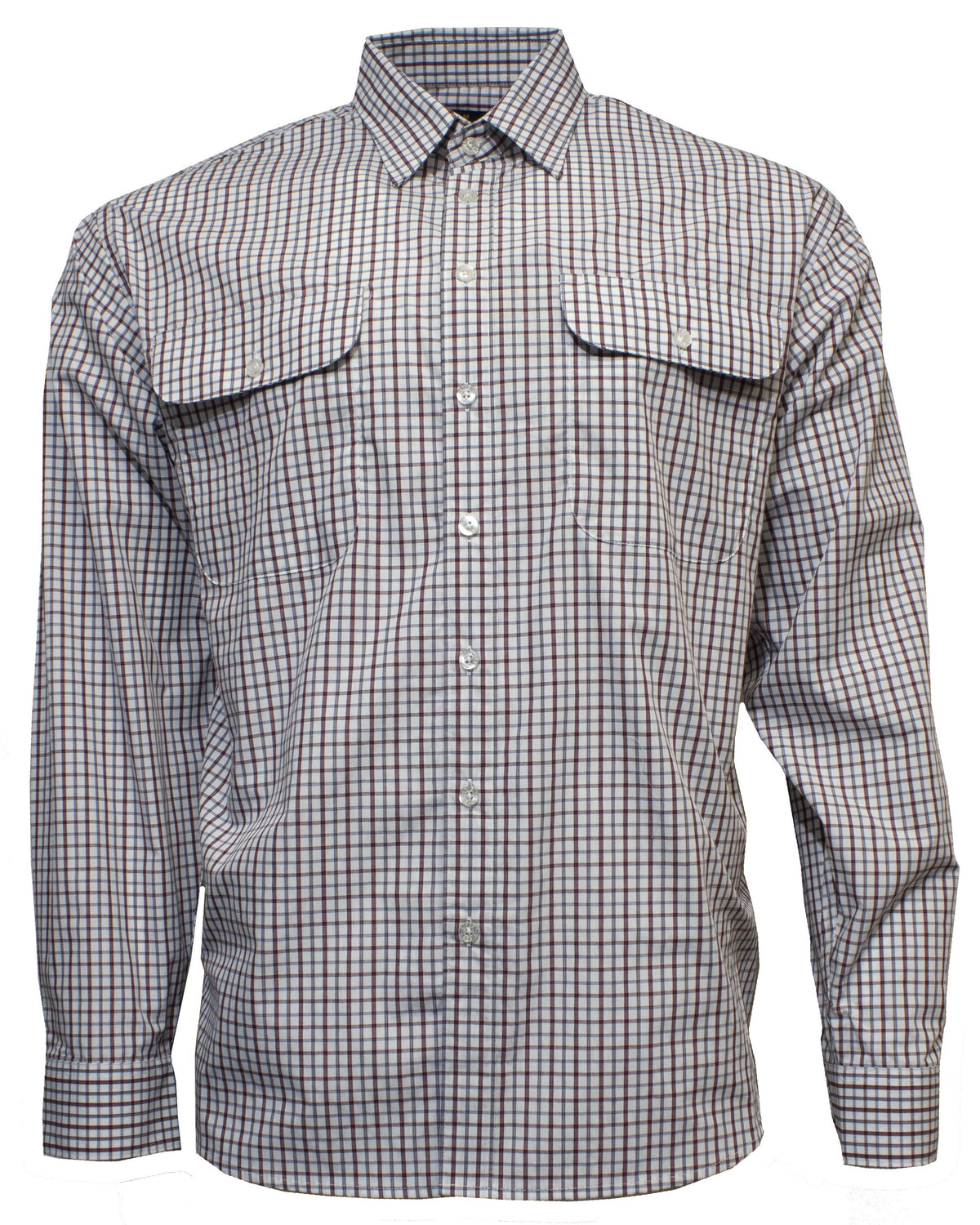 The Bisley Countryman Shirt is a long-sleeved button-down featuring a classic checkered pattern in blue and red. Crafted from a durable polyester/cotton blend, it includes two large chest flap pockets secured with buttons at the top corners. Its traditional collar and neat press make it an excellent choice for any occasion.