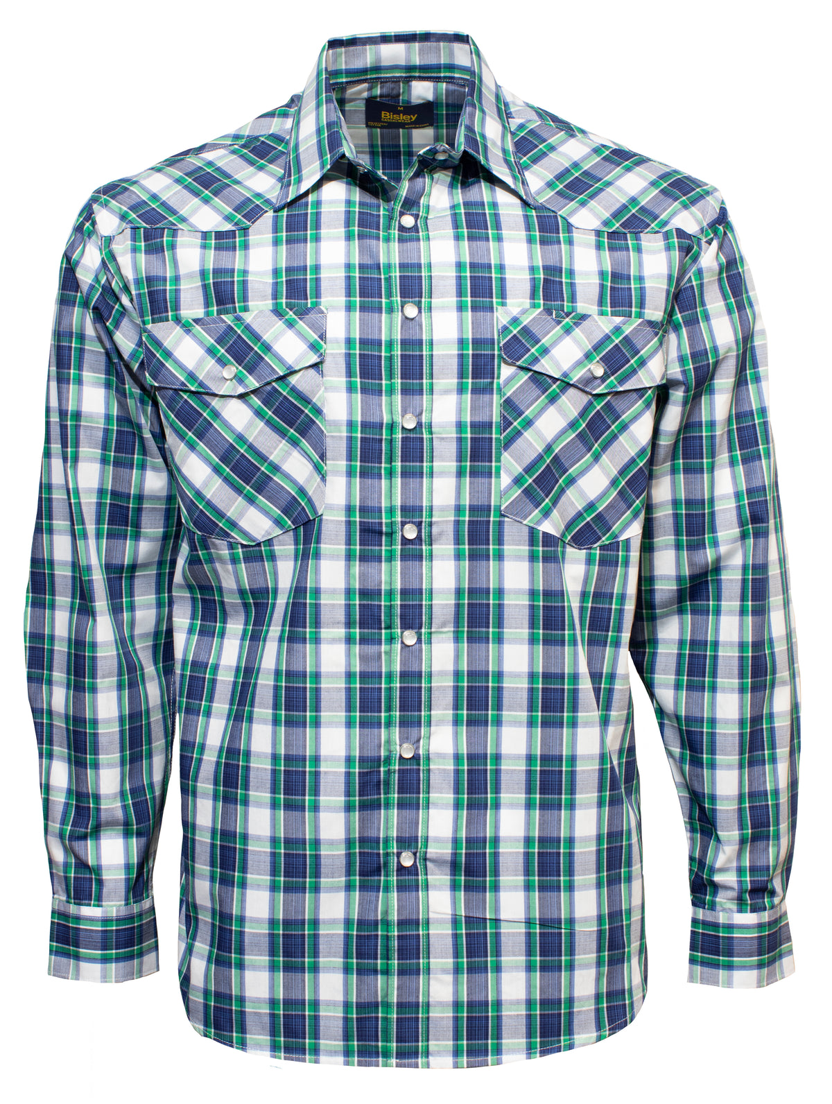 The Bisley Western Shirt is a long-sleeved, button-up garment featuring a blue, green, and white plaid pattern. It includes two front flap pockets with buttons and a collar. Made from a Polyester/Cotton blend, the material appears crisp and well-fitted, making it suitable for both casual and semi-formal wear.