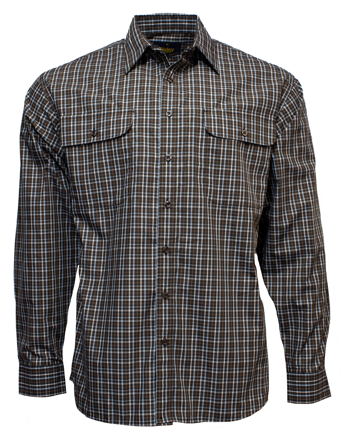 Discover the Bisley Countryman Shirt, a lightweight polyester/cotton blend long-sleeve shirt in brown, black, and white plaid. It has two buttoned front pockets and a classic collar, ideal for casual wear.