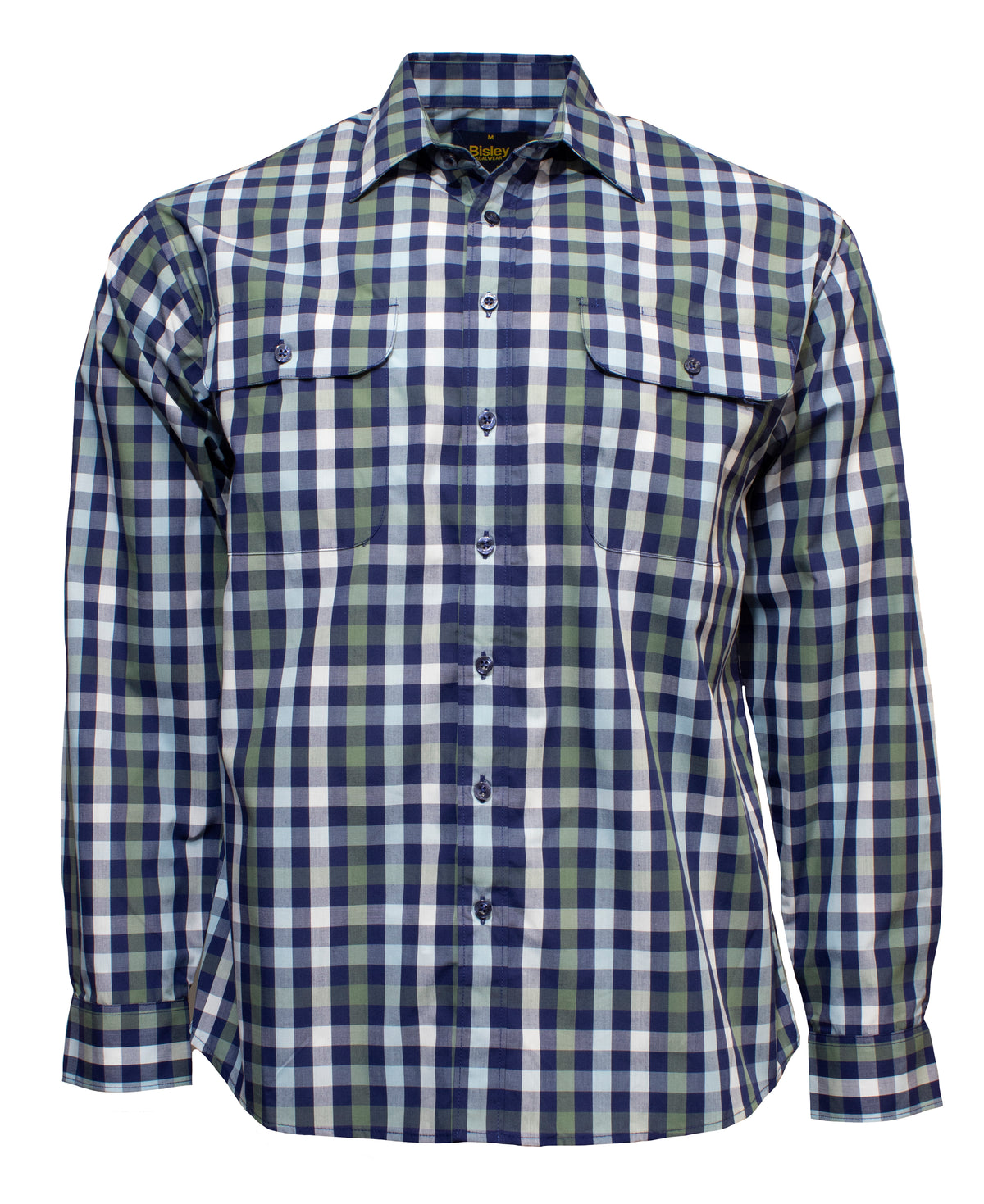 The Bisley Countryman Shirt is a long-sleeve button-up with a green, blue, and white plaid pattern. Made from a durable Polyester/Cotton blend, it features a classic collar and two chest pockets with buttoned flaps, showcasing timeless Bisley style.
