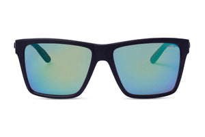 A pair of Liive Bazza Mirror Sunglasses with a black frame and green mirrored lenses is displayed against a white background. The inside of the temples appears teal, offering a stylish look while providing UV protection.