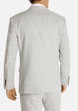 A man is shown from the back wearing the Connor Sorrento Slim Suit Jacket, featuring a light gray checked pattern and brown cuff buttons, set against a plain white background.