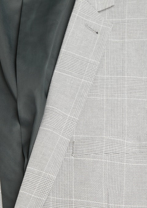 Close-up of the Connor Sorrento Slim Suit Jacket in light gray plaid with a subtle check pattern, partially open to reveal its sleek dark gray lining—an elegant slim fit choice for men.