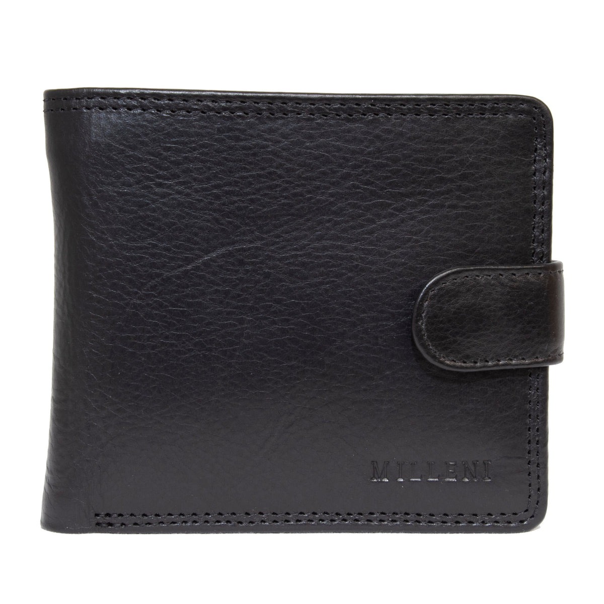 The Milleni Wallet is a black leather accessory with a buttoned strap and "Milleni" embossed in the bottom right. Made from genuine leather, it offers RFID protection to securely store your cards and safeguard personal information.