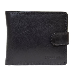 The Milleni Wallet is a black leather accessory with a buttoned strap and "Milleni" embossed in the bottom right. Made from genuine leather, it offers RFID protection to securely store your cards and safeguard personal information.