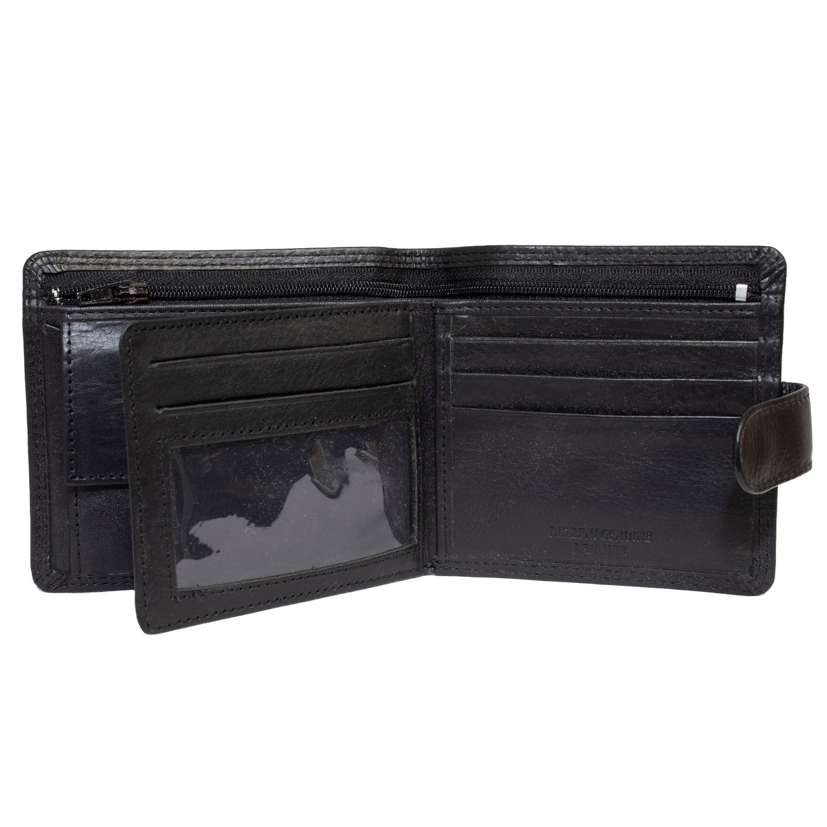 Open black Milleni leather wallet showing various card slots, a clear ID pocket, and a zippered compartment. Made from genuine leather with RFID protection, it rests on a plain white background.