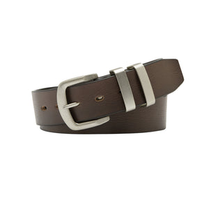 The Buckle 5557 Vintage Leather Belt, a classic men's accessory, features rich brown leather with a silver buckle and two loops, showcased elegantly against a white background.