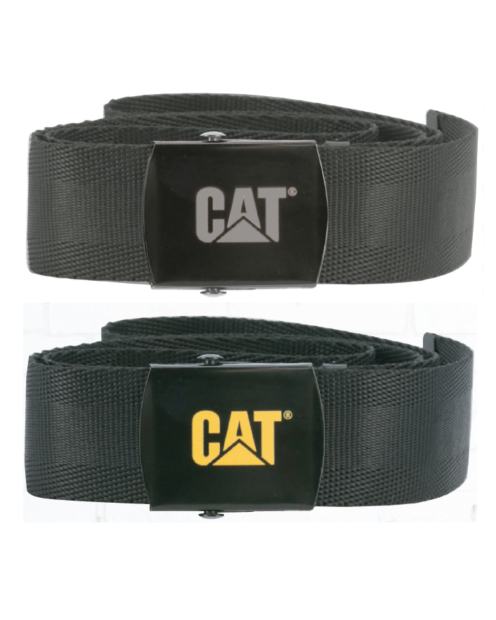 Two CAT Trademark Belts in black, each with a metal buckle displaying the "CAT" logo. The first belt features a buckle with a silver logo, while the second has a yellow logo on the buckle. Both belts are rolled up and oriented to highlight their sleek design and stretch cotton webbing for enhanced comfort.