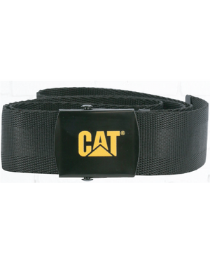 The CAT Trademark Belt is a black belt made from durable stretch cotton webbing, featuring a sleek, rectangular metal buckle with the yellow "CAT" logo that embodies the rugged quality synonymous with Caterpillar construction gear.