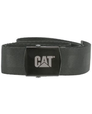 The CAT Trademark Belt features a rectangular metal buckle showcasing the "CAT" logo in silver. Made of durable woven material, the belt is neatly coiled and designed for long-lasting durability.