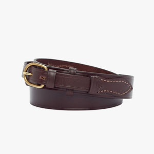 The RM Williams Ranger 1 1/4 Belt, made from dark brown cowhide leather with tan stitching and a gold buckle, is shown coiled neatly on a plain white background.
