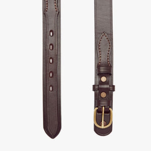 A close-up of the RM Williams Ranger 1 1/4 Belt, crafted from dark brown cowhide leather with stitched detailing, a brass buckle, and multiple adjustment holes, shown against a white background.