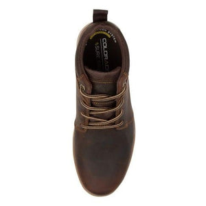 Top view of a single Colorado Yarra Casual Boot in brown leather with a smooth finish. The boot features memory foam insoles, brown laces, and visible stitching around the edge. "COLORADO" is printed on the insole against a black background along with the brand logo or text. Additionally, the boot is equipped with a pull tab at the heel.