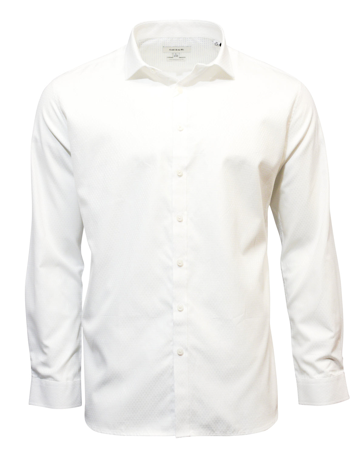 The Seine Dress Shirt features a crisp white, long-sleeved design with a collar and contemporary fit. Its smooth, lightweight fabric makes it suitable for both formal and casual occasions. Displayed against a plain white background, it exudes elegance and versatility.