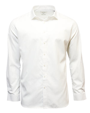 The Seine Dress Shirt features a crisp white, long-sleeved design with a collar and contemporary fit. Its smooth, lightweight fabric makes it suitable for both formal and casual occasions. Displayed against a plain white background, it exudes elegance and versatility.