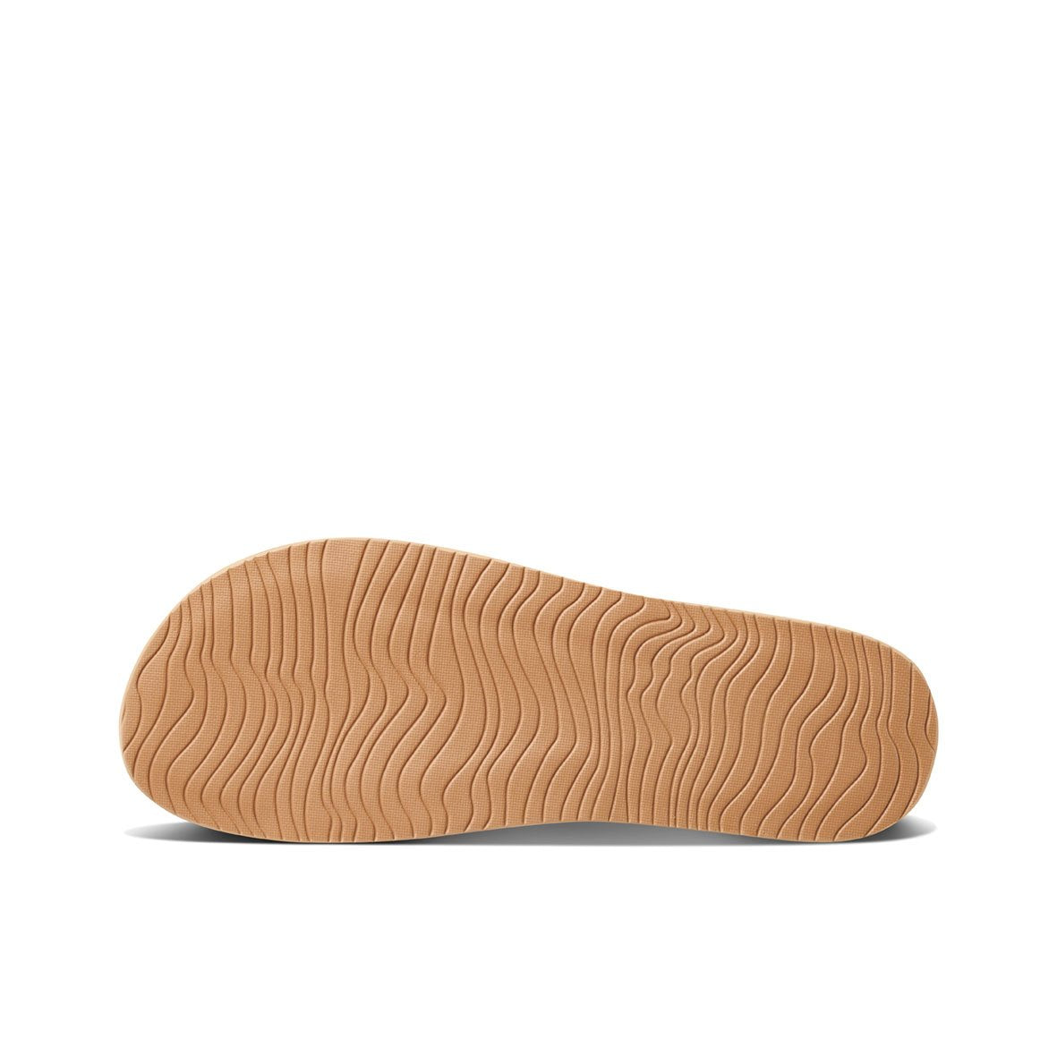 The image shows the sole of the REEF Cushion Scout shoe with a wavy, textured tread pattern. The sole appears to be made of a light tan rubber material and is shown from a flat, bottom-up perspective against a plain white background. The cushion bounce midsole and arch support heel cup enhance comfort.