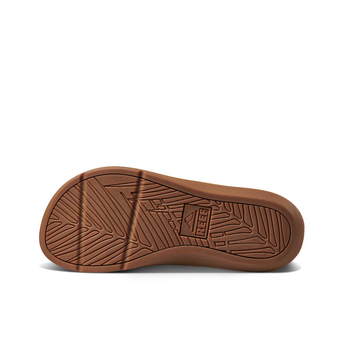 The image displays the bottom view of a single REEF Santa Ana shoe, which features a water-friendly design and a textured rubber sole. The sole boasts a mix of geometric patterns for enhanced traction and prominently displays the "REEF" logo in raised letters at the center. The brown-colored sole is crafted for superior arch support.
