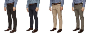 Four mannequins at City Club showcase blue patterned shirts, brown woven belts, brown dress shoes, and stylish City Club Austin Road Pants available in black, navy blue, beige, and grey.