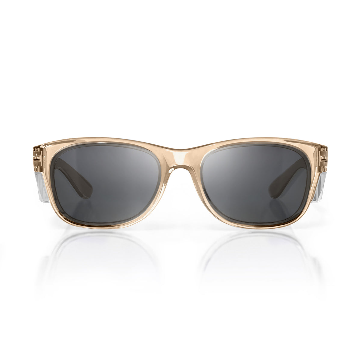 The SafeStyle Classics feature a champagne frame with tinted black lenses, shown against a white backdrop. These reflective polycarbonate frames offer a timeless rectangular design, blending classic style with modern durability.