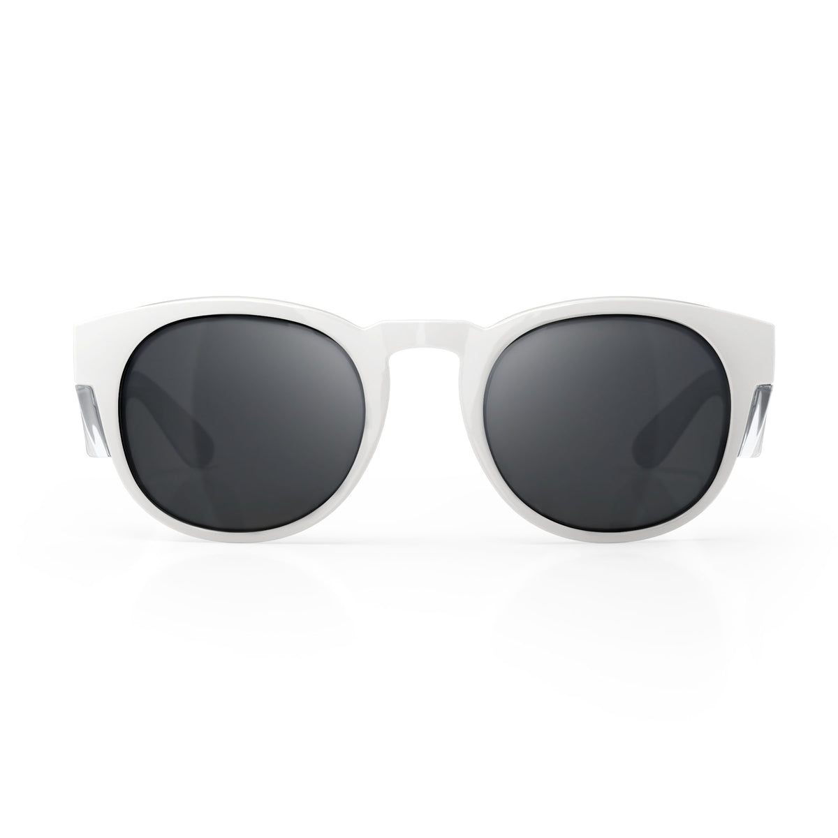 The SafeStyle Cruisers sunglasses feature white polycarbonate frames and round, polarized lenses against a white background. The broad temples taper stylishly, offering UV400 protection and a slightly glossy finish.