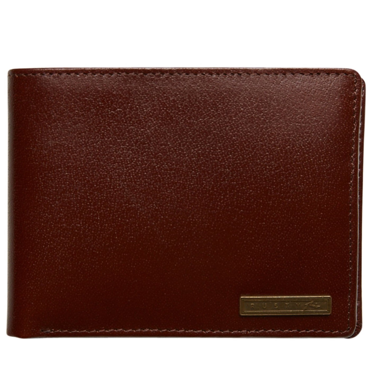 The Rusty High River Leather Wallet is a closed men's wallet made from smooth full grain brown leather, featuring a small rectangular gold metal plate at the bottom right corner.