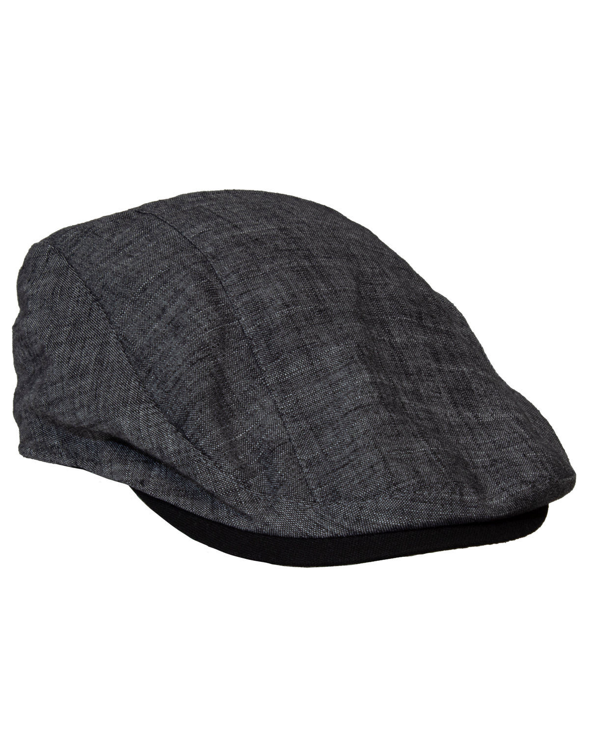 A Dot & Co Cotton Pattern Lined Ivy Cap in gray, with a textured fabric and black brim, is shown from the side against a white backdrop. It features a comfortable cotton lining for stylish coziness.