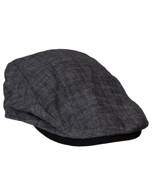 A Dot & Co Cotton Pattern Lined Ivy Cap in gray, with a textured fabric and black brim, is shown from the side against a white backdrop. It features a comfortable cotton lining for stylish coziness.
