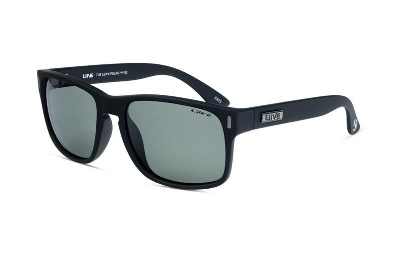 Introducing the Liive The Lewy Polar Sunglasses, a stylish pair of black rectangular-frame sunglasses crafted with lightweight polycarbonate and polarized grey lenses. These sunglasses feature a small silver logo on the arms that reads "LIVFit" and "The Way You Shape Life 360°." The inside of the temples is also inscribed with “LIVFit The Way You Shape Life.” Enjoy UV protection in style.