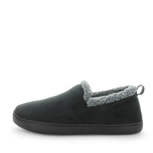 The Panda Eliu Slippers are shown in a side profile view, featuring a black exterior with gray, fluffy lining and a sturdy non-slip rubber sole. These comfortable, casual slippers come with a pull tab at the heel for easy wear and faux fur trim, making them perfect for cozy indoor use.