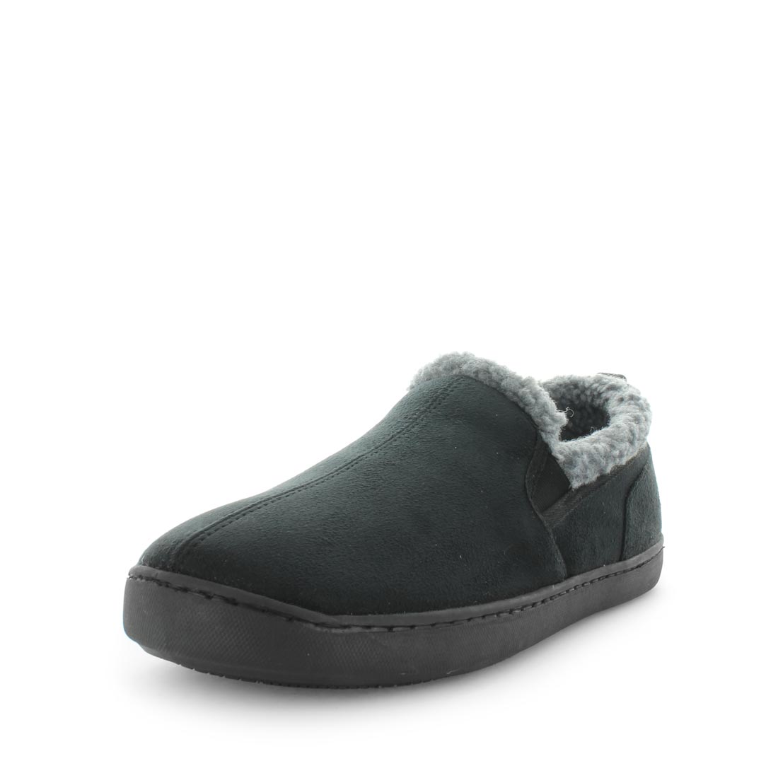 The Panda Eliu Slippers are black slip-on shoes with a plush grey interior lining for added warmth and comfort. They feature a sleek, minimalistic exterior design, faux fur trim for an extra touch of style, and a non-slip rubber sole for durability and grip.