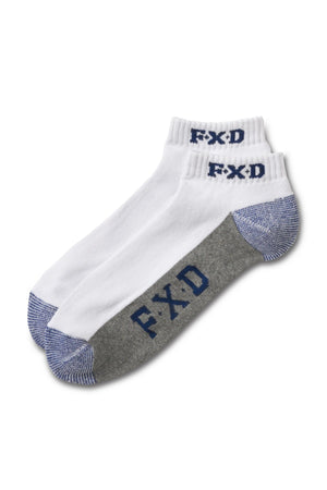 The FXD SK-4 Ankle Sock 5 Pack includes two ankle socks in assorted colors: one white with blue heel/toe caps and "FXD" in blue, and one gray with similar detailing. Both pairs offer arch support and are set against a white background.