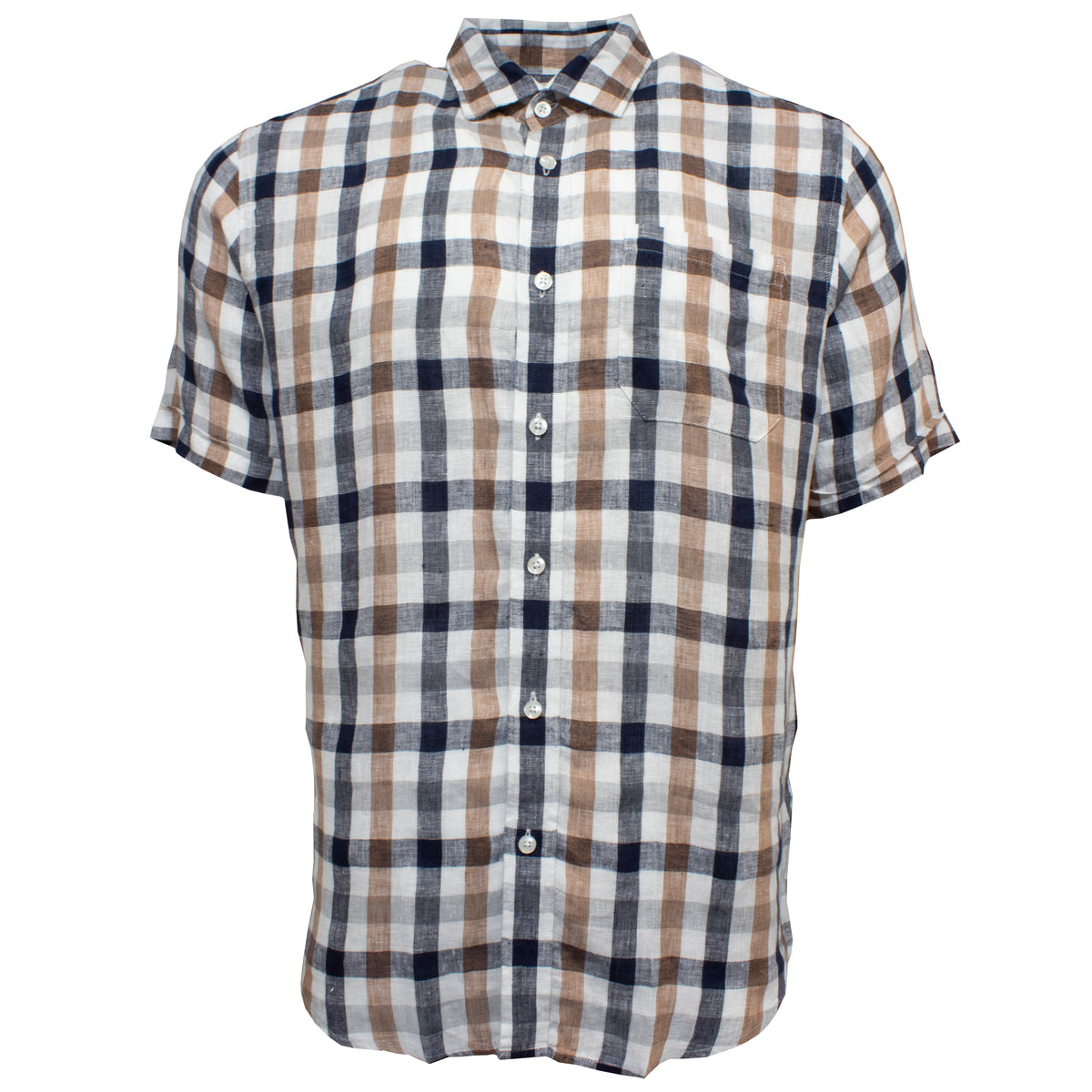 The Back Bay Cotton Linen Shirt is a short-sleeved button-up casual shirt adorned with a plaid pattern in shades of white, brown, and navy. Crafted from 100% linen, it features a collar and a chest pocket on the left side, combining style with comfort.
